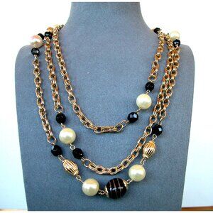 Vintage Multi-Strand Necklace With Pearls & Black Beads 60"